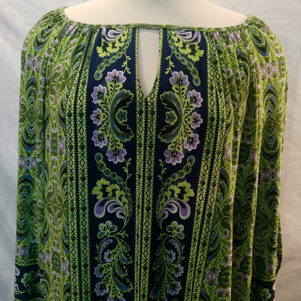 LONDON TIMES 3/4 Peek a Boo Sleeve Shift Dress 14W Keyhole Neckline Retro Green